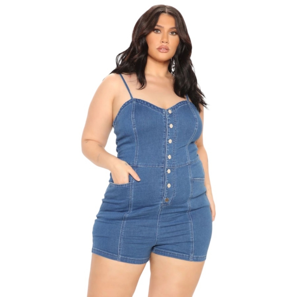 Fashion Nova Blue Denim Button-Front Romper - Picture 2 of 16
